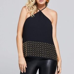GUESS by Marciano Women's Cosmo Gold Stud Open-Back Halter Tank- Black- L NWT